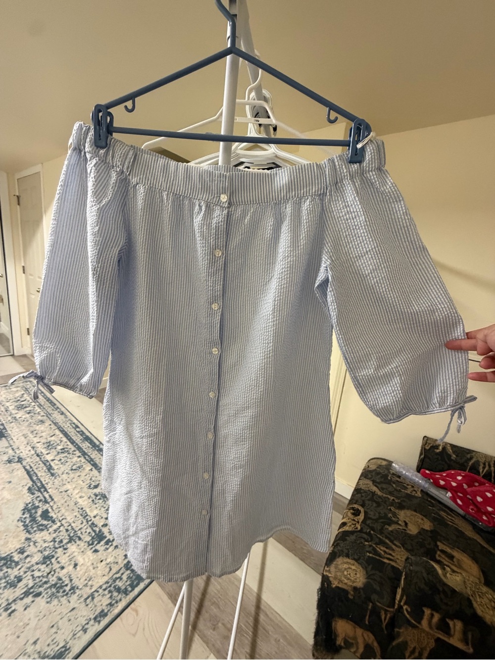 Passport Light Blue & White Striped Off-Shoulder shirtdress